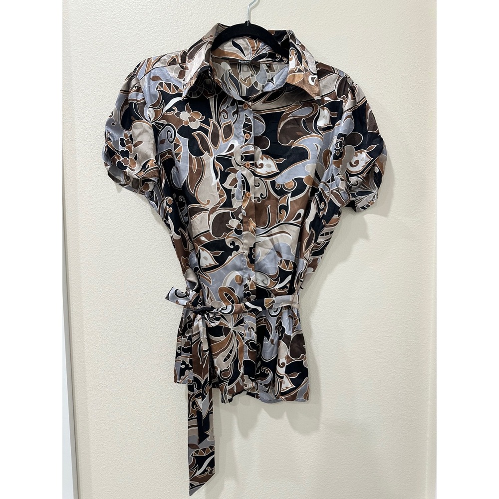 Belissimo New York Womens XL Brown Abstract Paisley Short Sleeve Belted Blouse